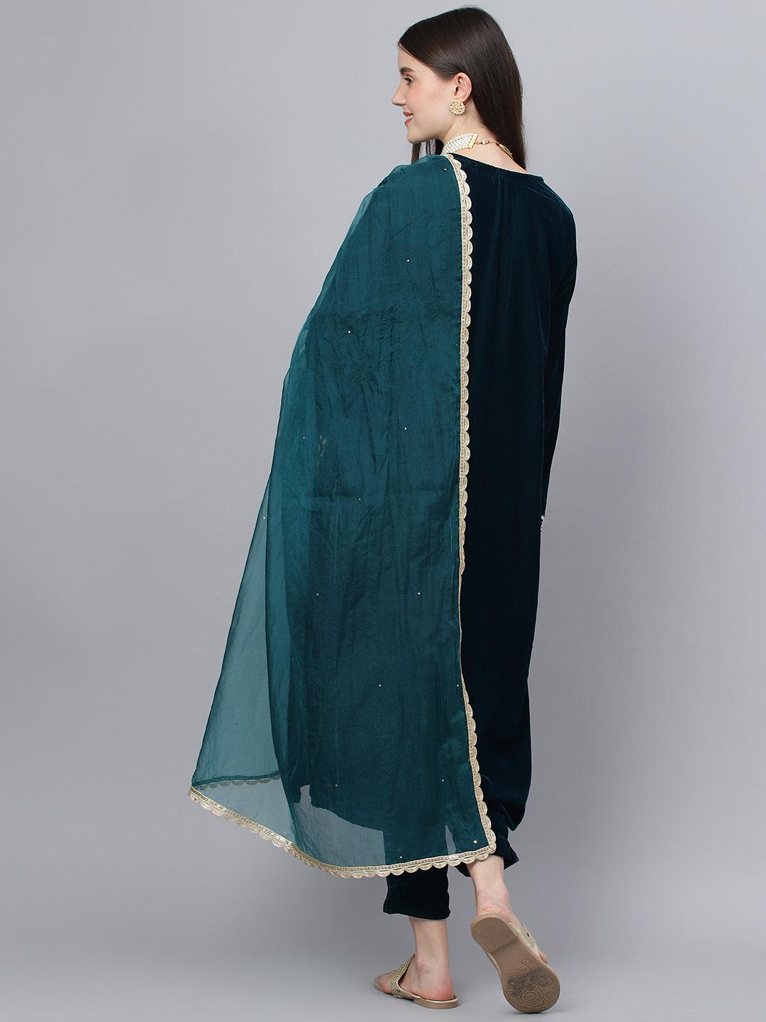 Eshani Teal Green Velvet hand work Kurta pant With Organza Dupatta set - Eshani world