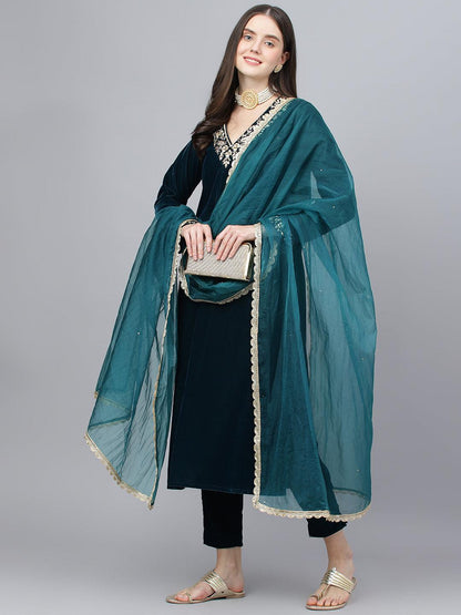 Eshani Teal Green Velvet hand work Kurta pant With Organza Dupatta set - Eshani world