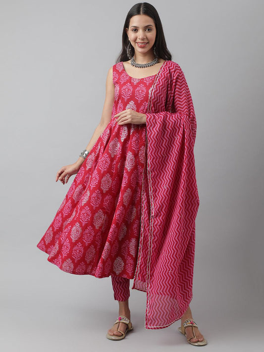 Eshani Magenta Floral Cotton Anarkali Kurta Pant Set with Dupatta - Eshani world