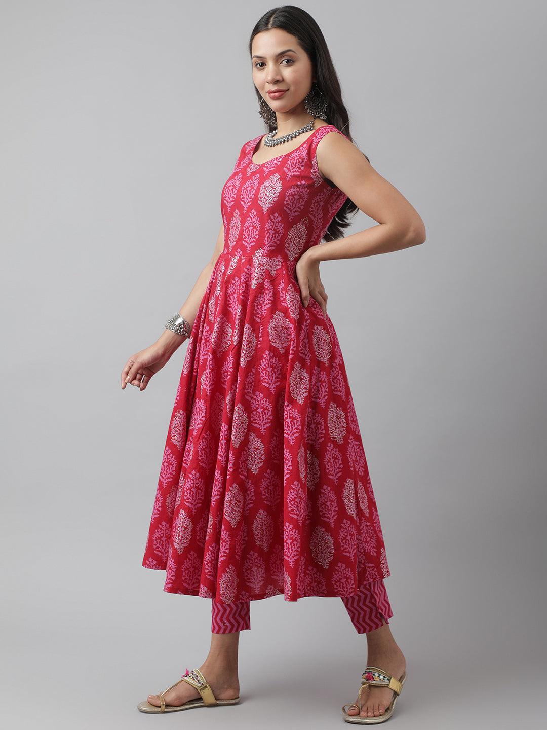 Eshani Magenta Floral Cotton Anarkali Kurta Pant Set with Dupatta - Eshani world