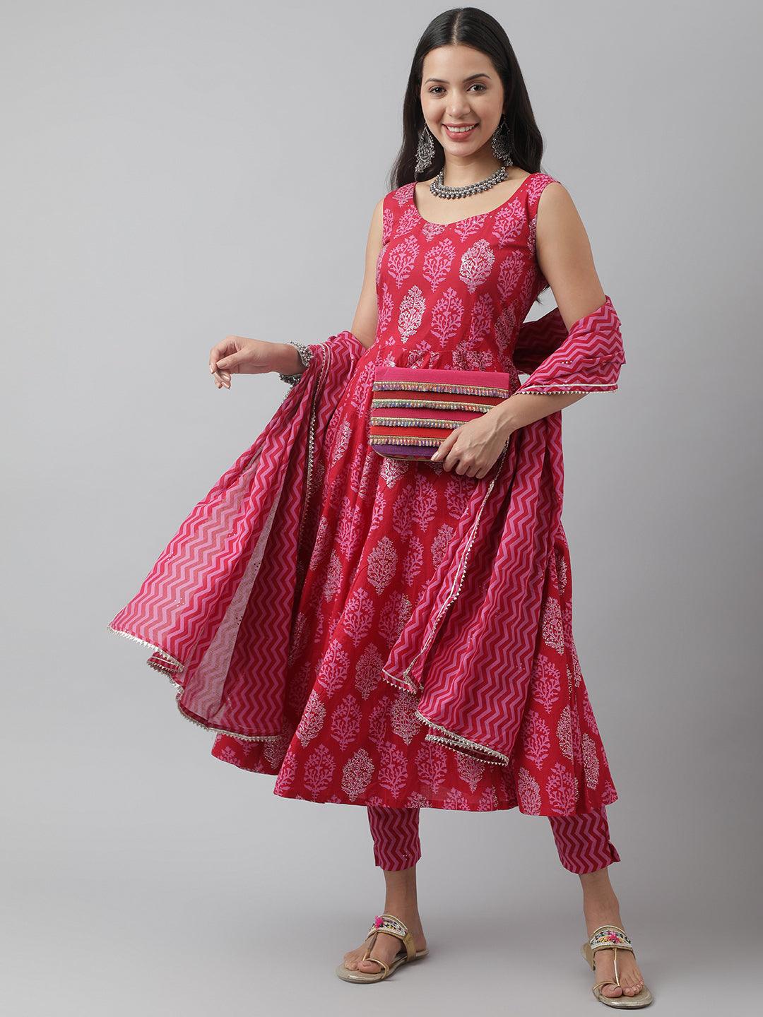 Eshani Magenta Floral Cotton Anarkali Kurta Pant Set with Dupatta - Eshani world