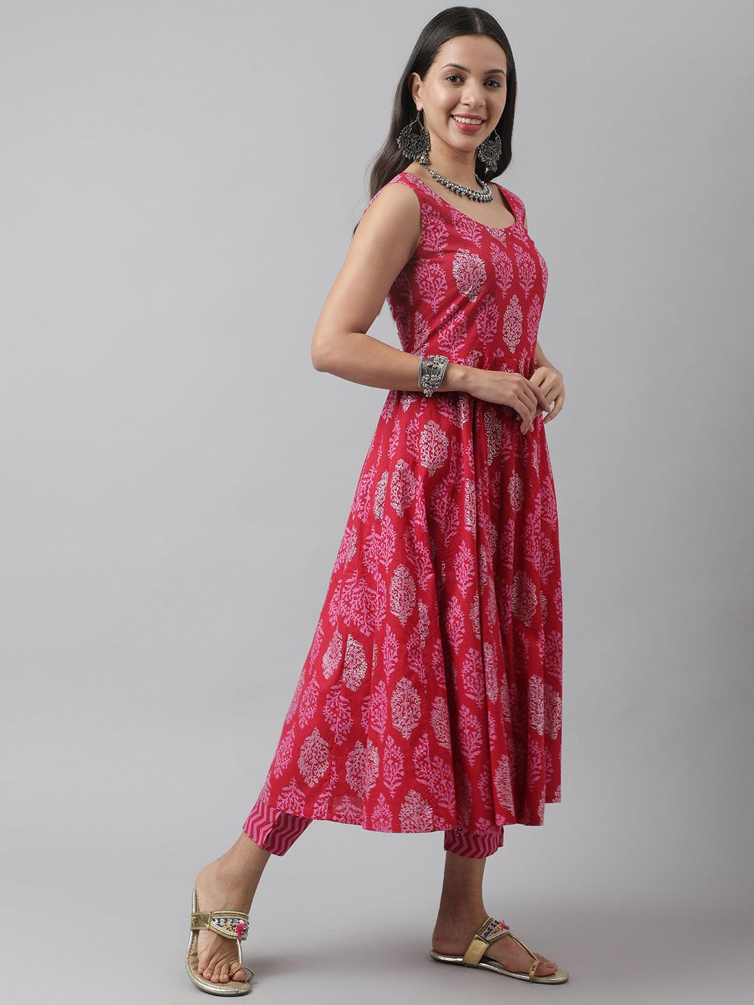 Eshani Magenta Floral Cotton Anarkali Kurta Pant Set with Dupatta - Eshani world