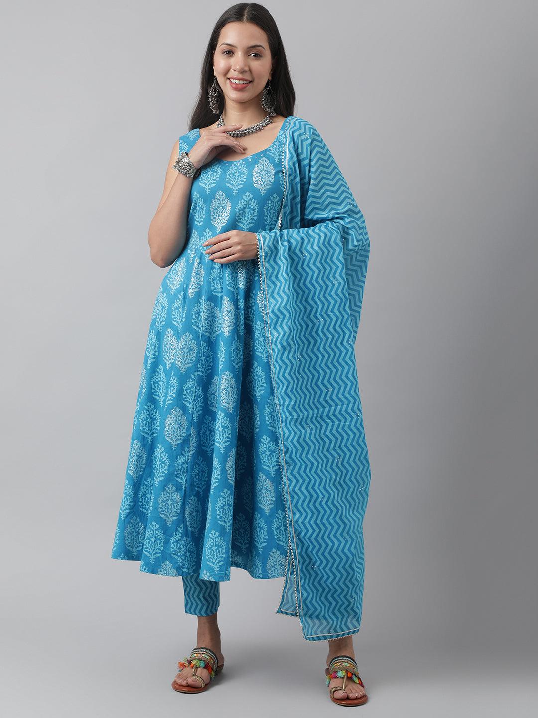 Eshani Turquoise Blue Floral Cotton Anarkali Kurta Pant Set with Dupatta - Eshani world