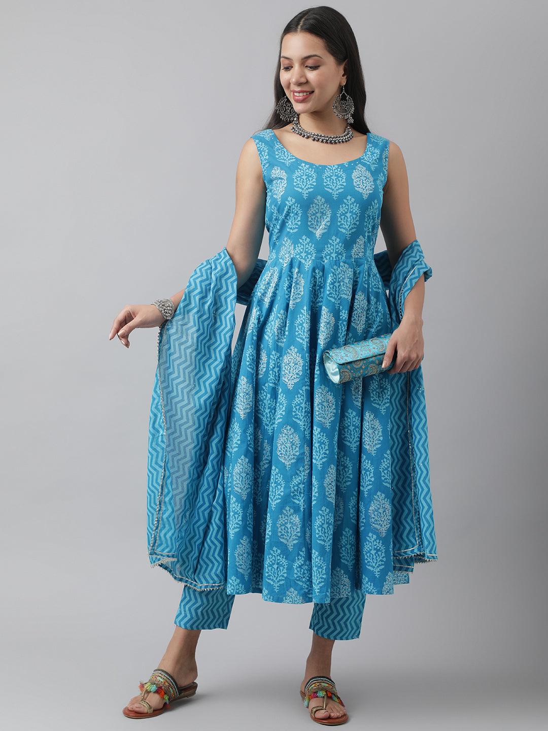 Eshani Turquoise Blue Floral Cotton Anarkali Kurta Pant Set with Dupatta - Eshani world