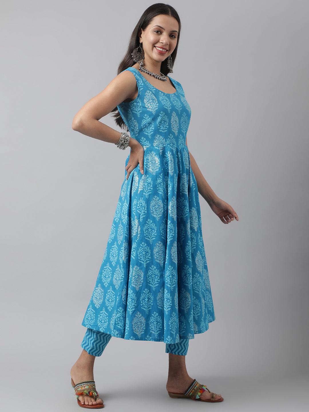 Eshani Turquoise Blue Floral Cotton Anarkali Kurta Pant Set with Dupatta - Eshani world