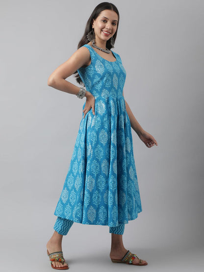 Eshani Turquoise Blue Floral Cotton Anarkali Kurta Pant Set with Dupatta - Eshani world