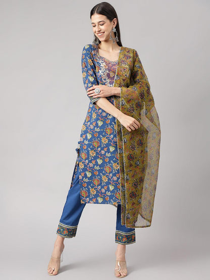 Eshani Blue Floral Printed Kurta Pant Set with dupatta - Eshani world