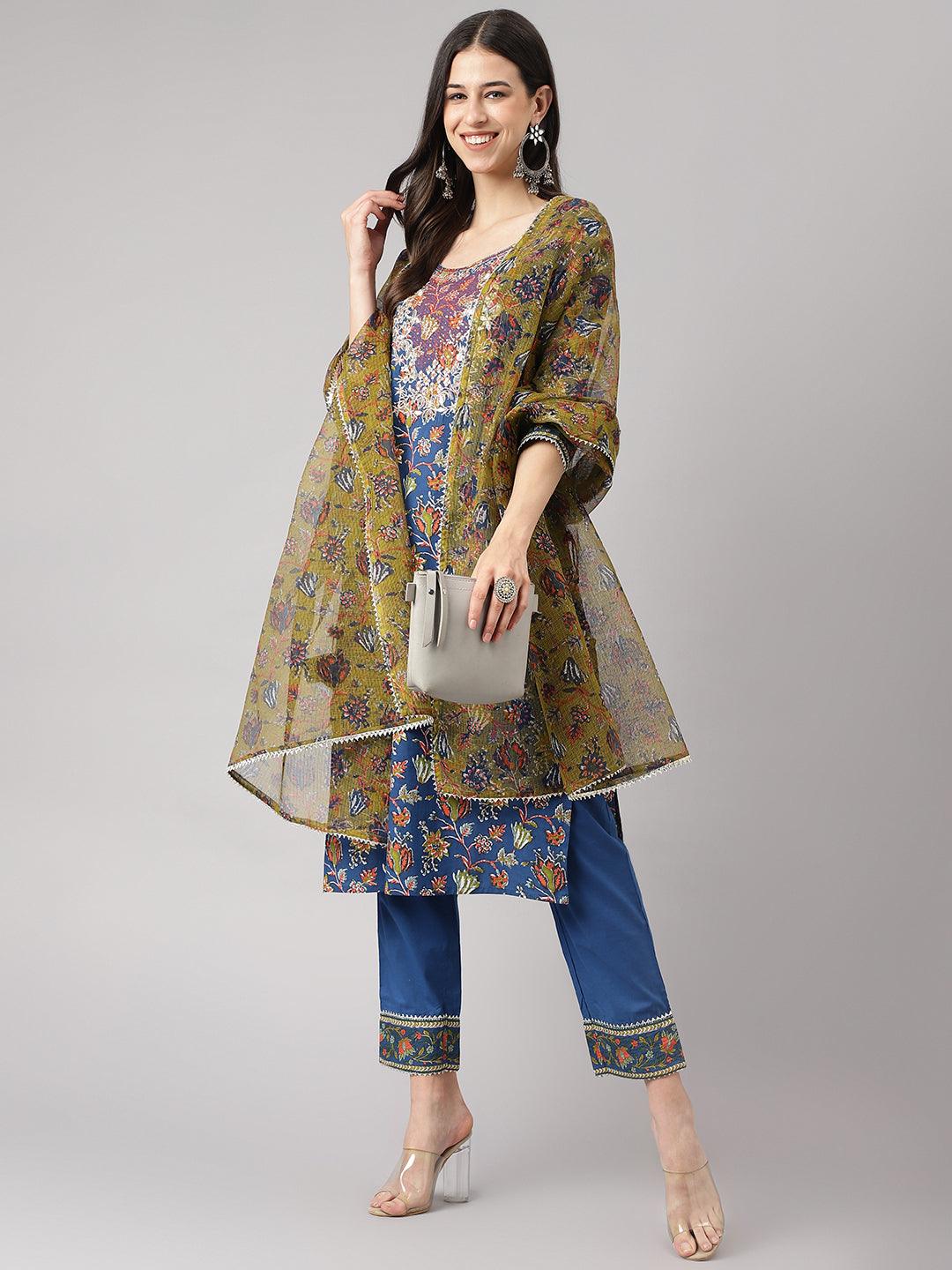 Eshani Blue Floral Printed Kurta Pant Set with dupatta - Eshani world