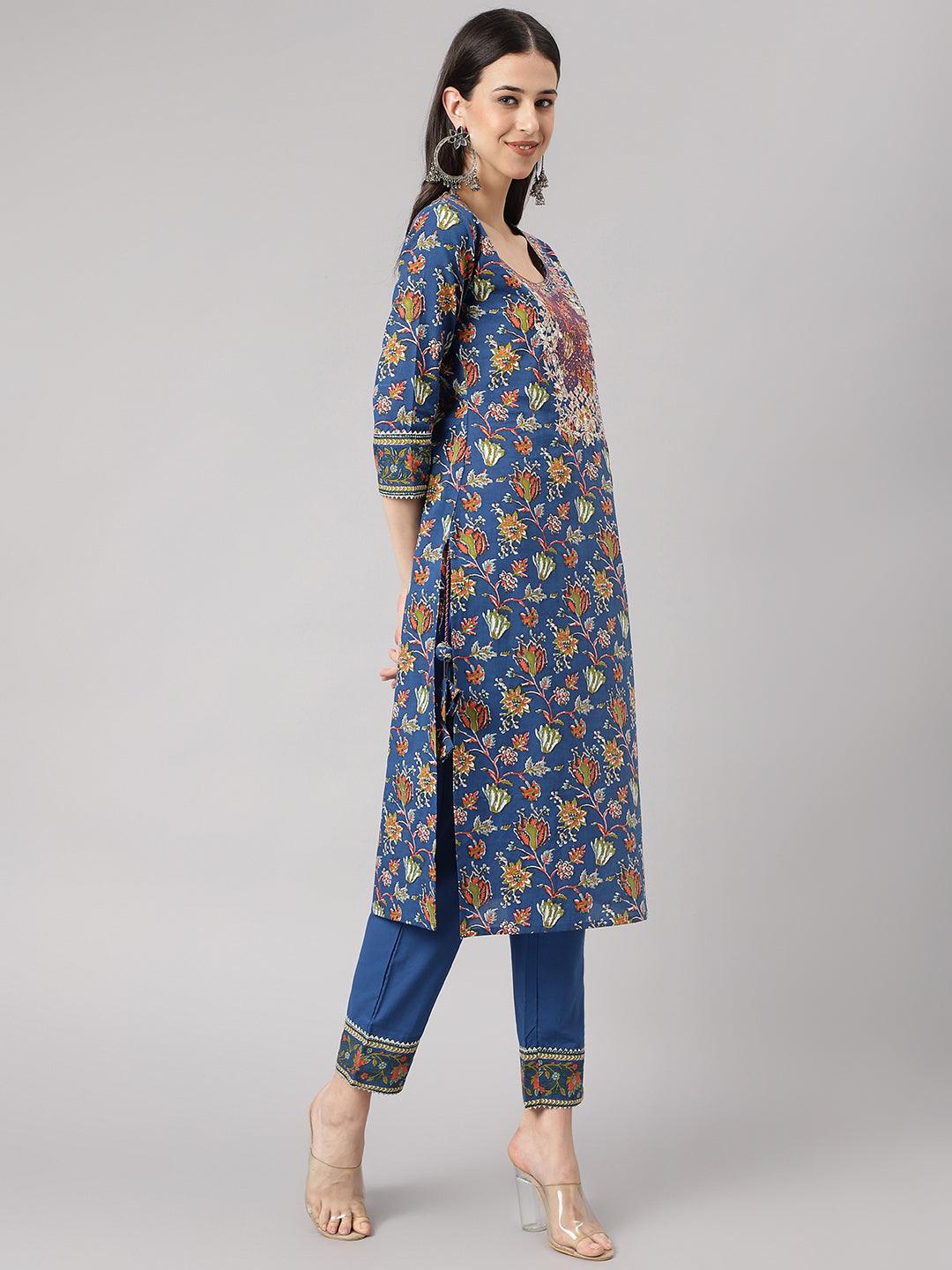 Eshani Blue Floral Printed Kurta Pant Set with dupatta - Eshani world