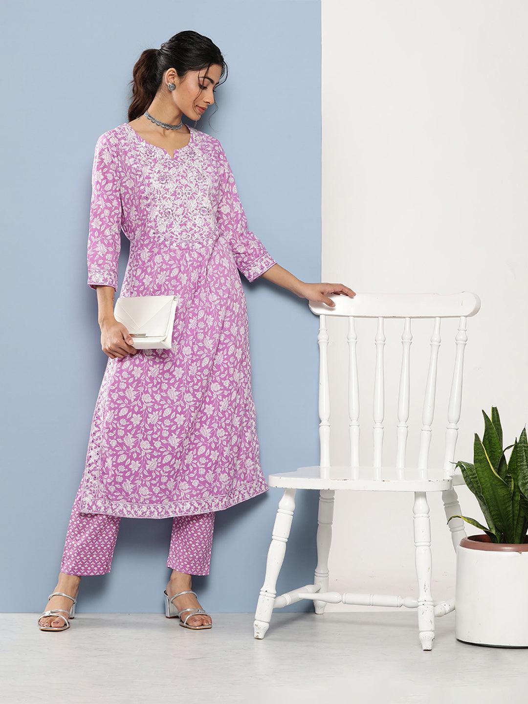 Eshani Purple Gethered Floral Printed Kurta Pant Sets - Eshani world