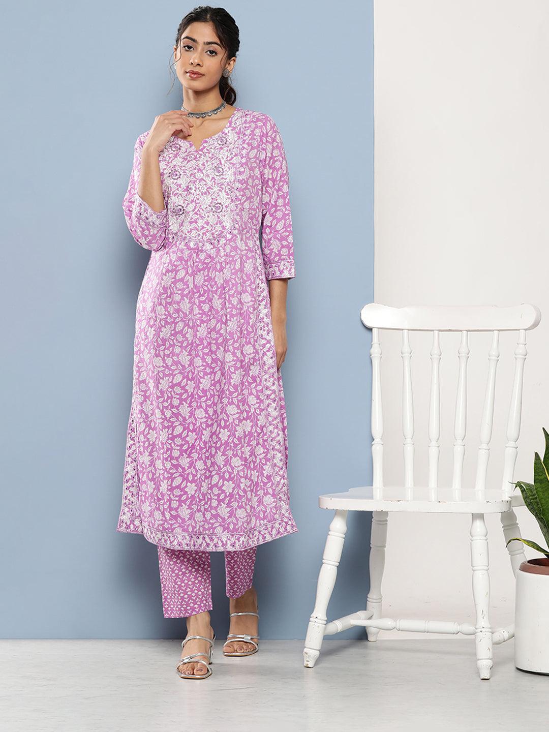 Eshani Purple Gethered Floral Printed Kurta Pant Sets - Eshani world