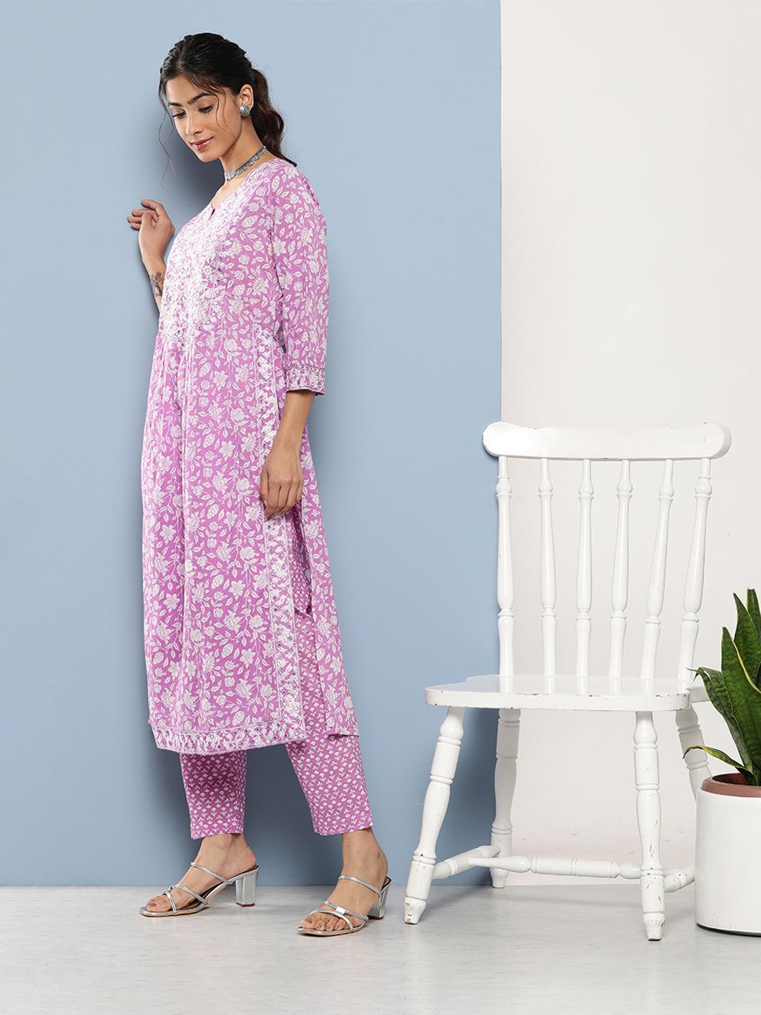 Eshani Purple Gethered Floral Printed Kurta Pant Sets - Eshani world