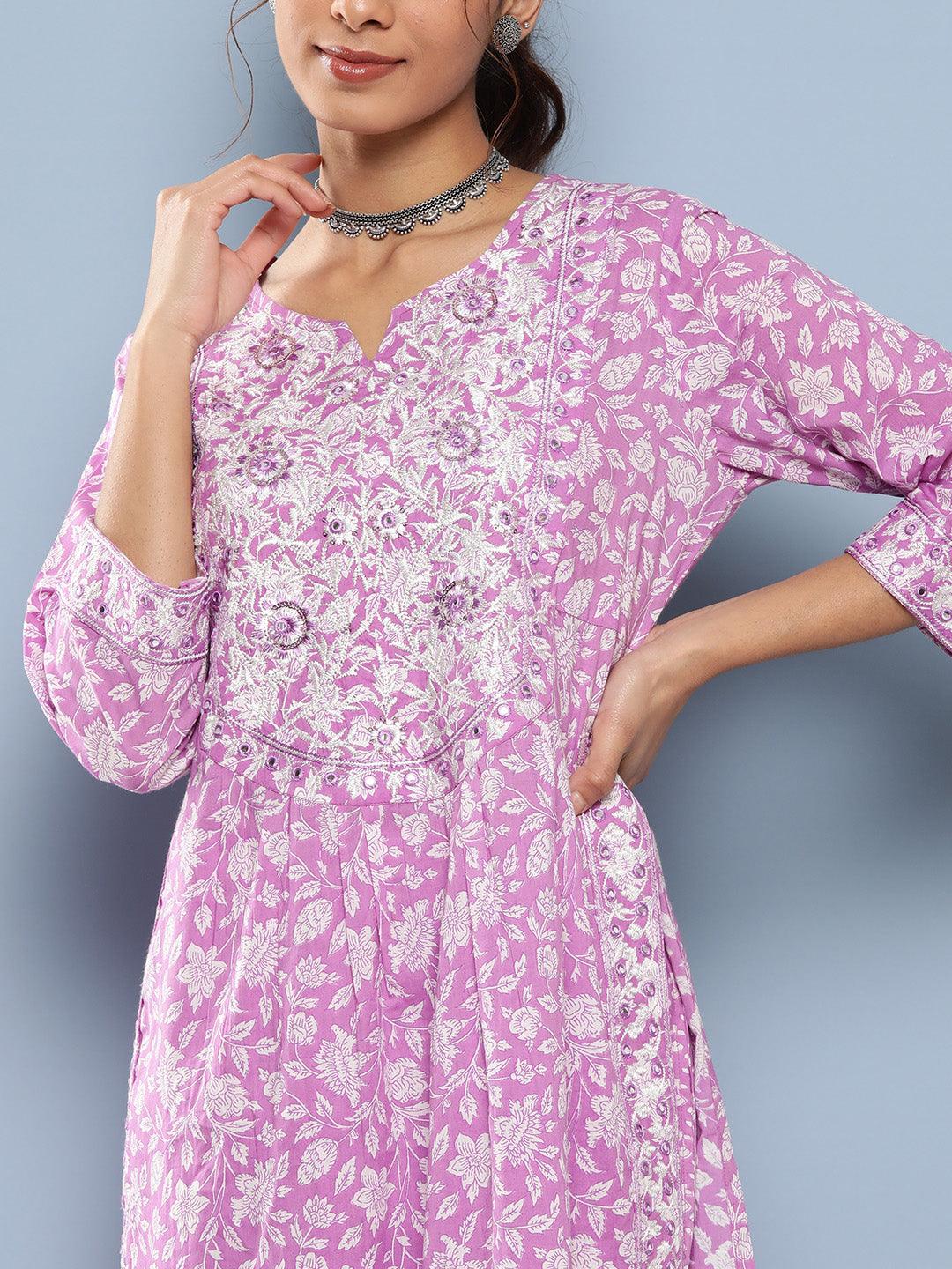 Eshani Purple Gethered Floral Printed Kurta Pant Sets - Eshani world