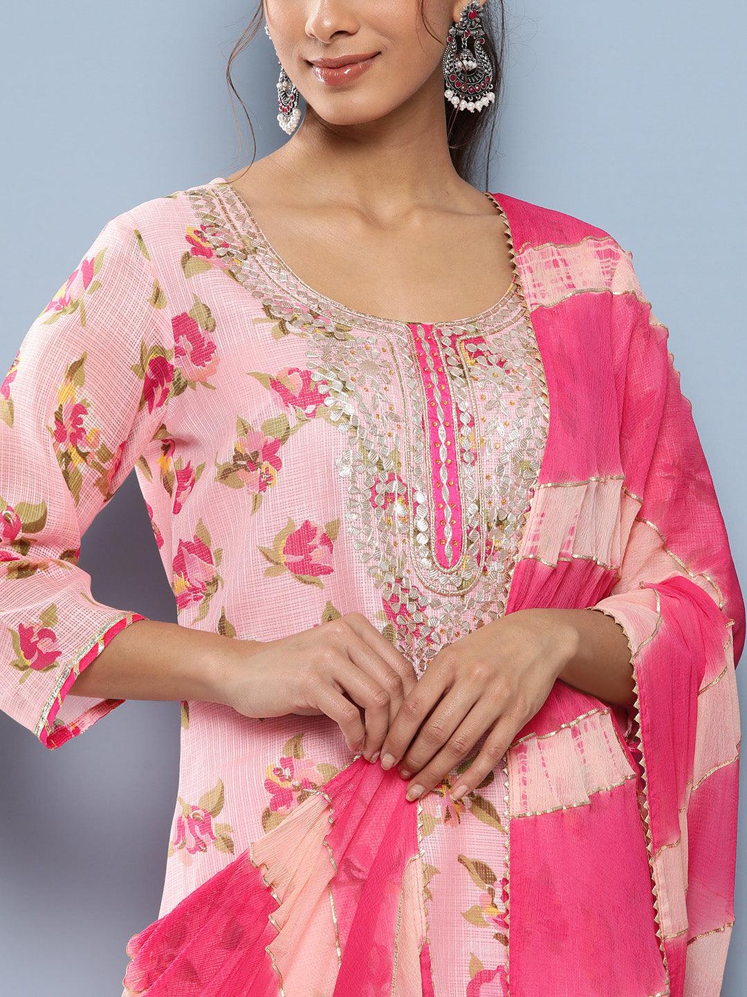 Eshani Pink Kota Doria Floral Printed Kurta Pant Dupatta Sets - Eshani world