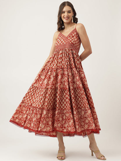 Eshani Maroon Floral printed Cotton Tiered Dress with Smoking Back