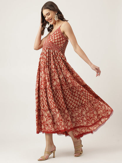 Eshani Maroon Floral printed Cotton Tiered Dress with Smoking Back