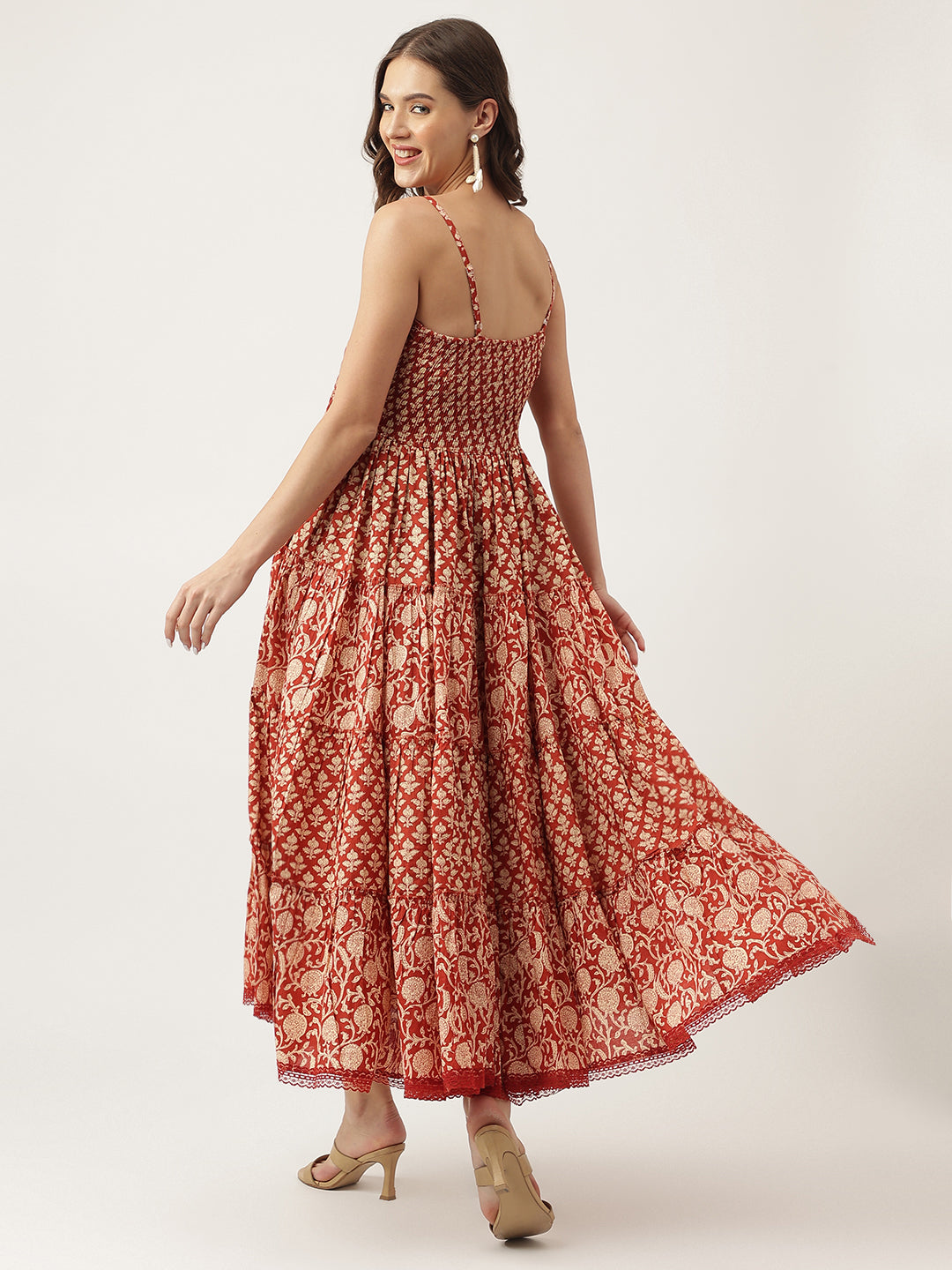 Eshani Maroon Floral printed Cotton Tiered Dress with Smoking Back