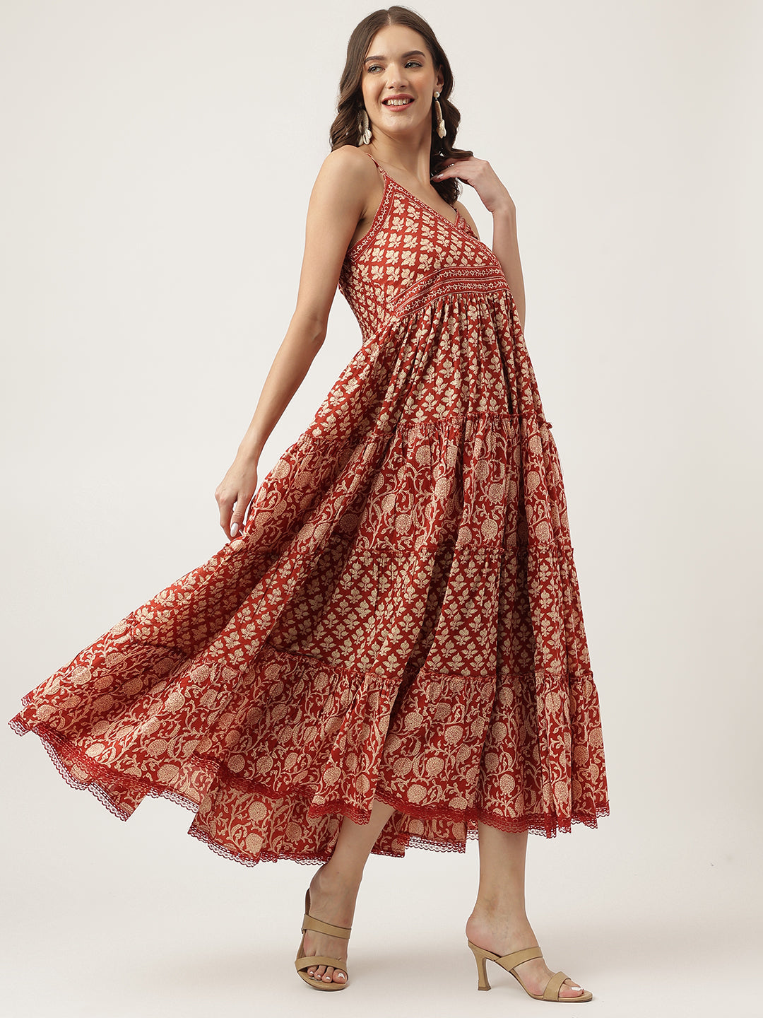 Eshani Maroon Floral printed Cotton Tiered Dress with Smoking Back