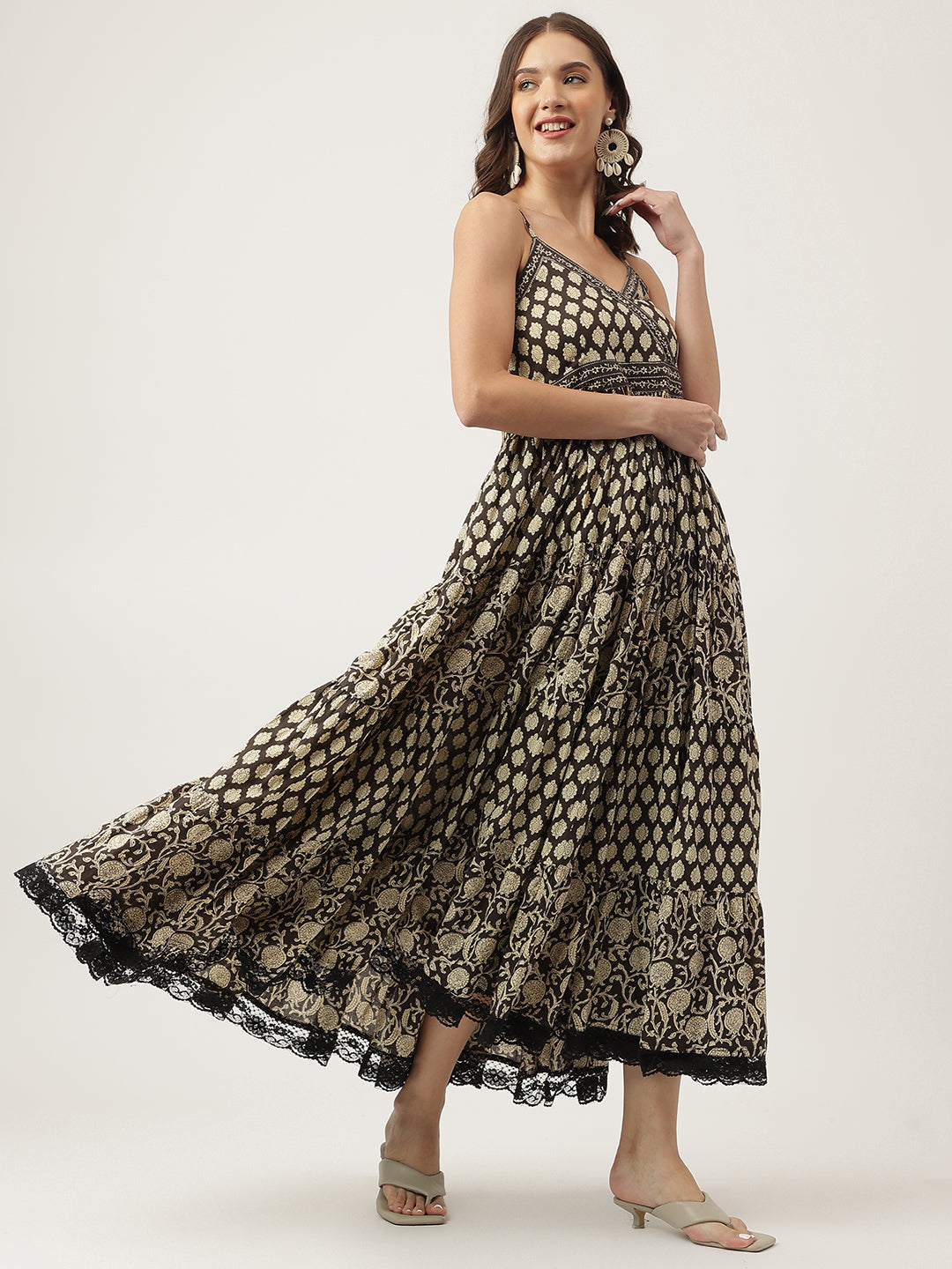 Eshani Floral Printed Cotton Empire Black Dress for Women