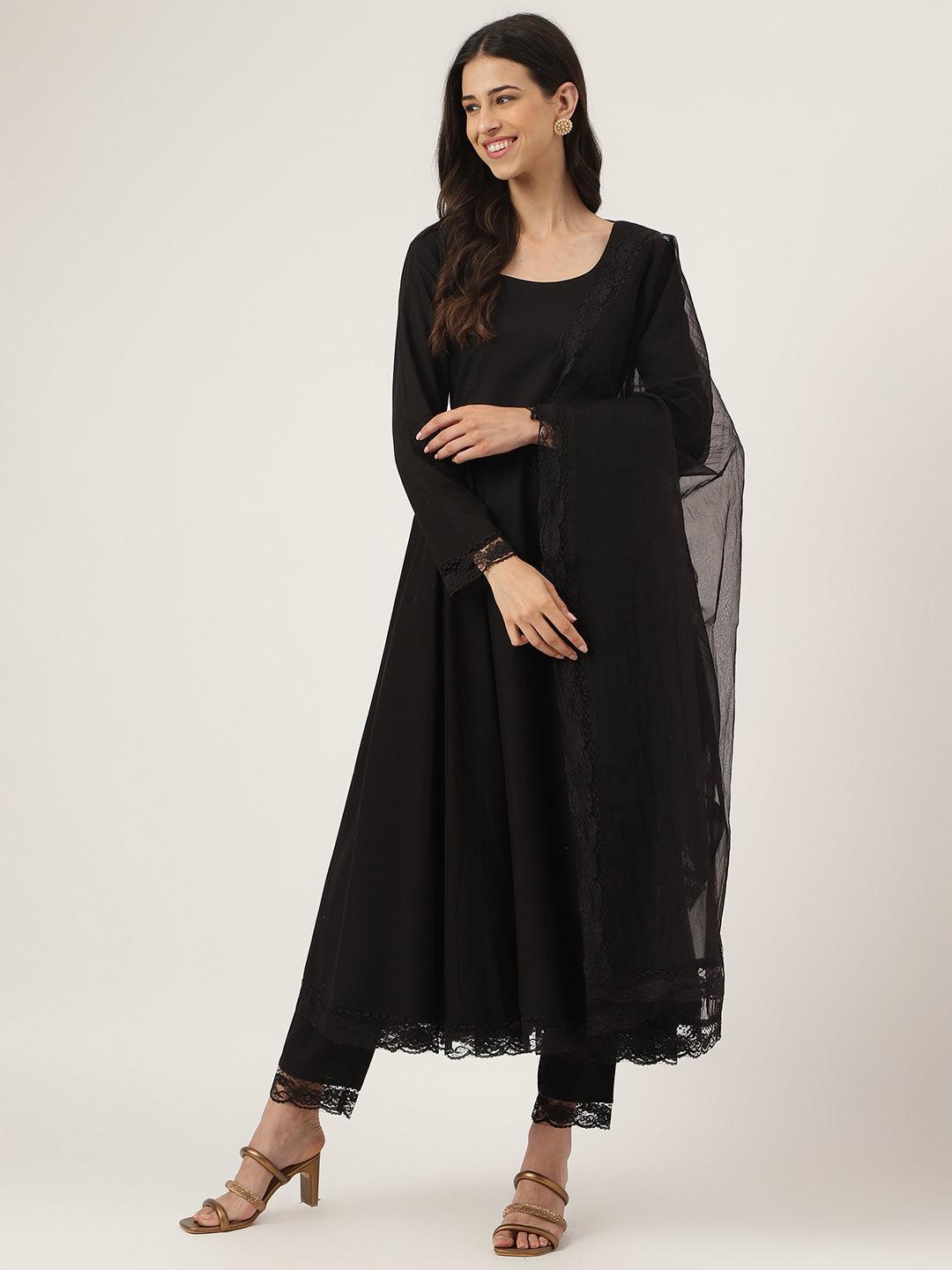 Eshani Black Solid Anarkali Kurta Pant set with Dupatta - Eshani world