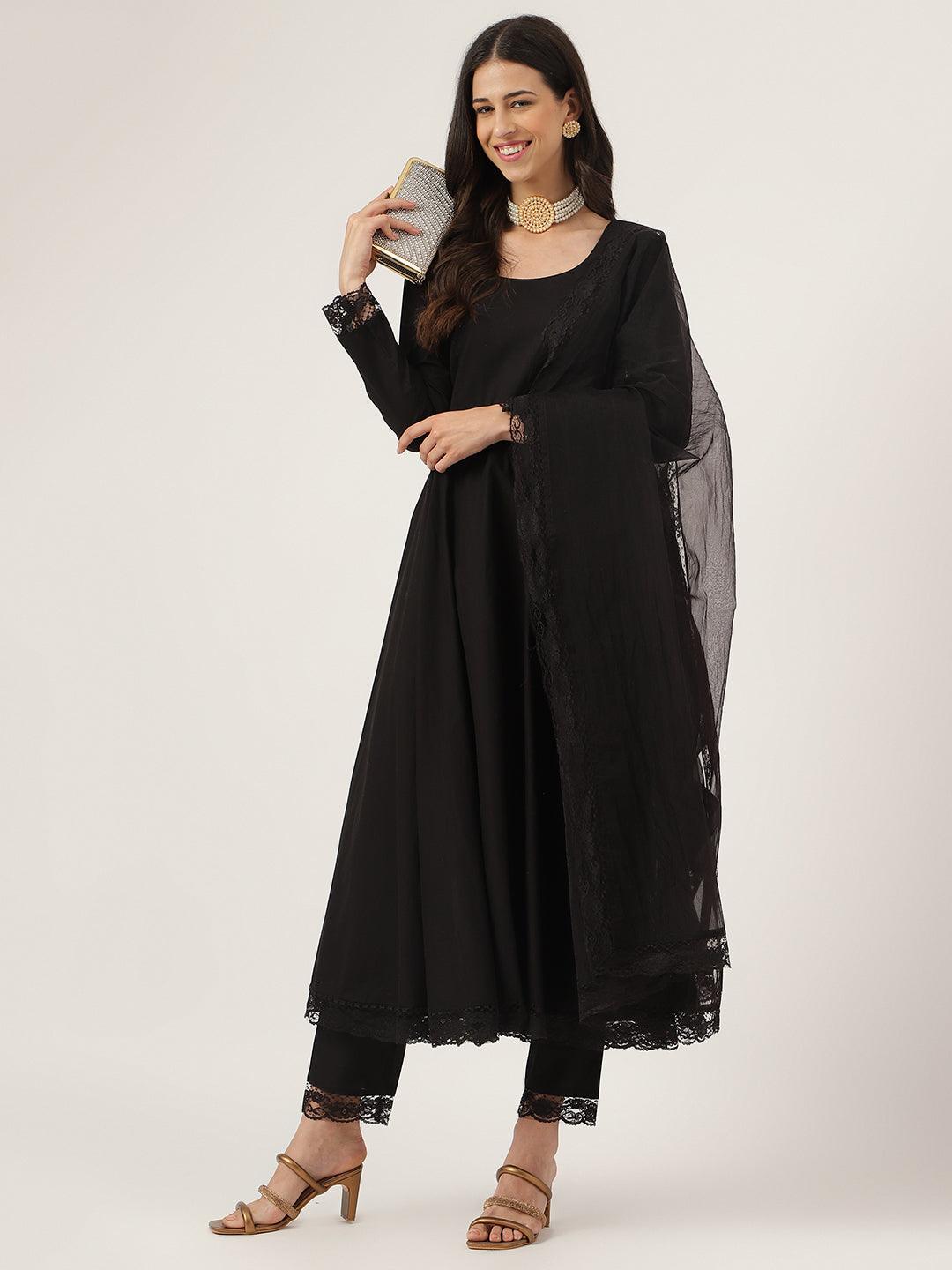 Eshani Black Solid Anarkali Kurta Pant set with Dupatta - Eshani world