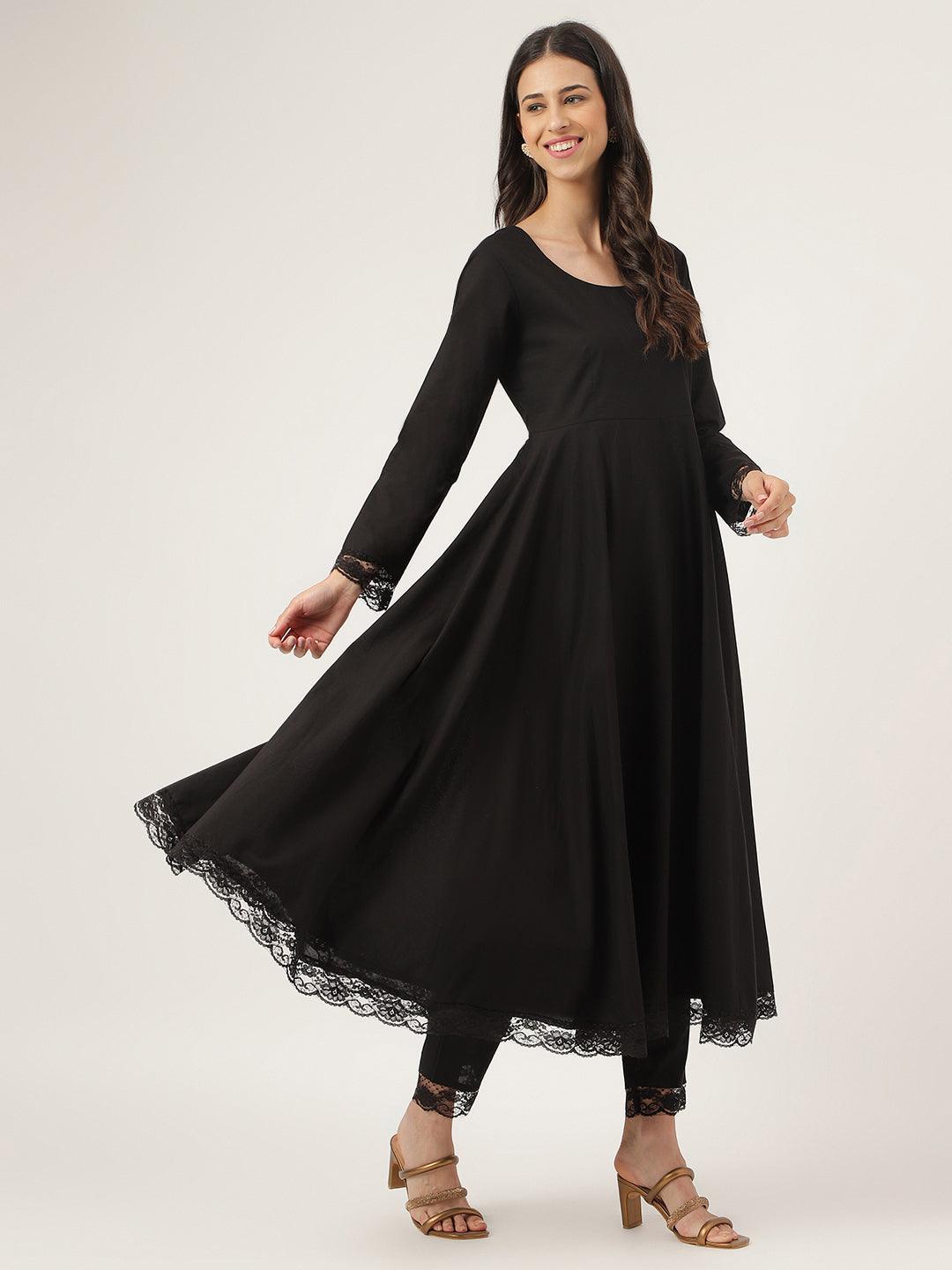 Eshani Black Solid Anarkali Kurta Pant set with Dupatta - Eshani world