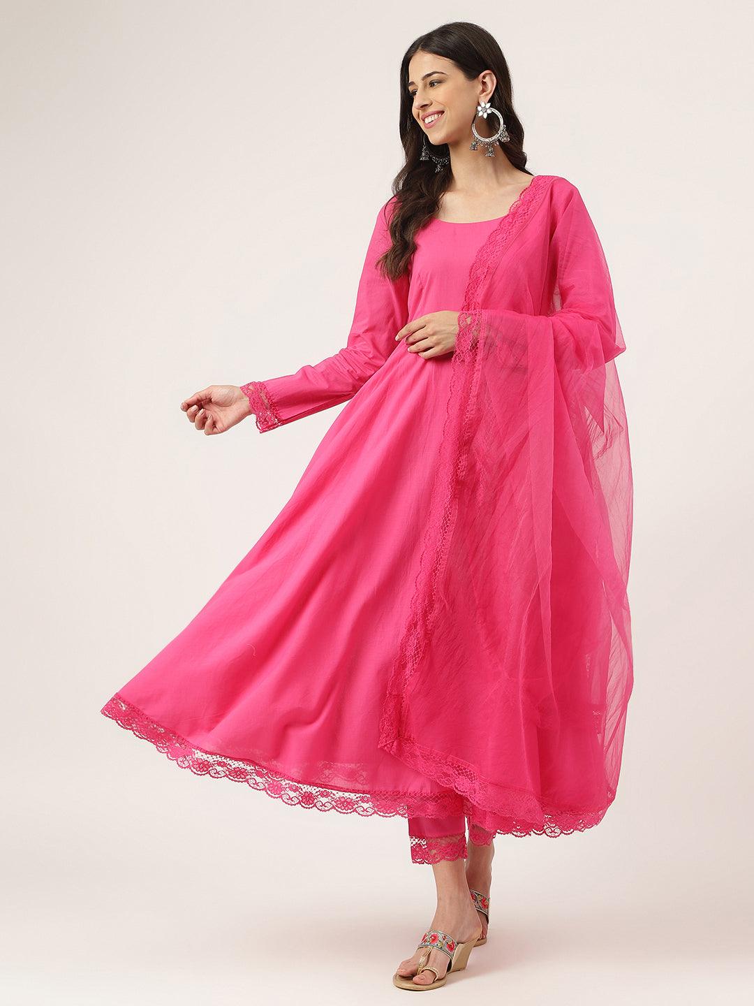 Eshani Pink Solid Anarkali Kurta Pant set with Dupatta - Eshani world