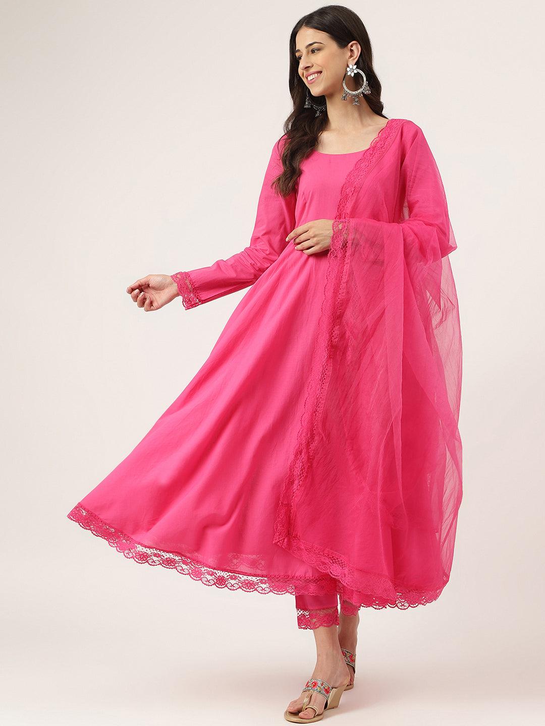 Eshani Pink Solid Anarkali Kurta Pant set with Dupatta - Eshani world