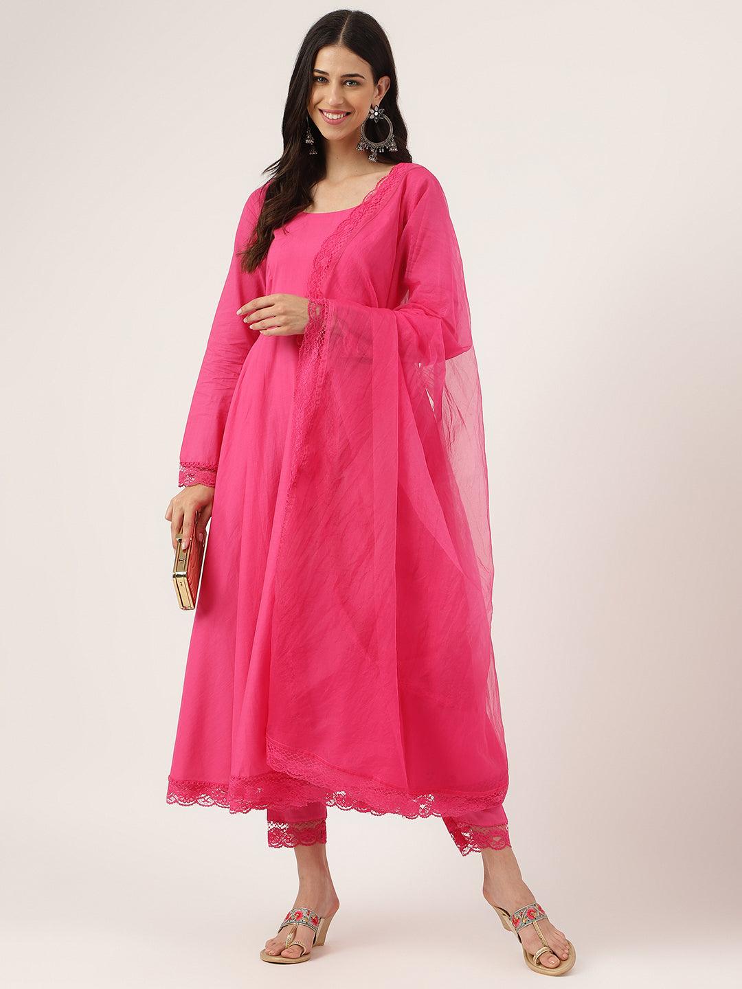 Eshani Pink Solid Anarkali Kurta Pant set with Dupatta - Eshani world