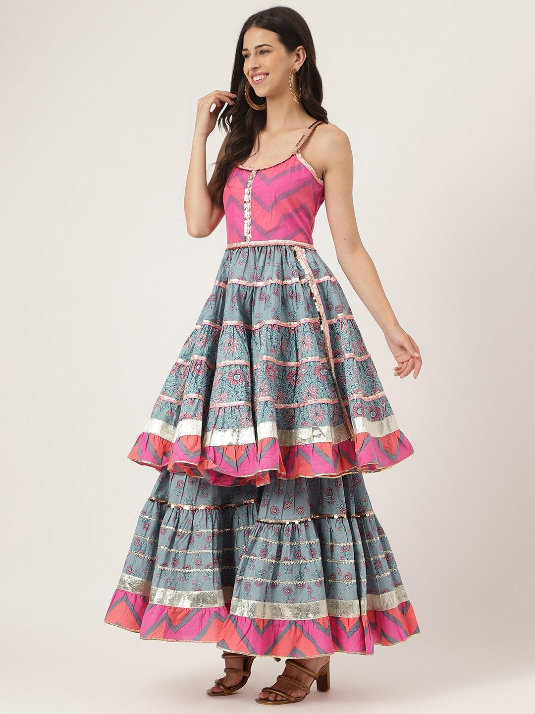 Eshani Turquoise Blue Cotton Sleeves less Anarkali Sharara set with Dupatta - Eshani world