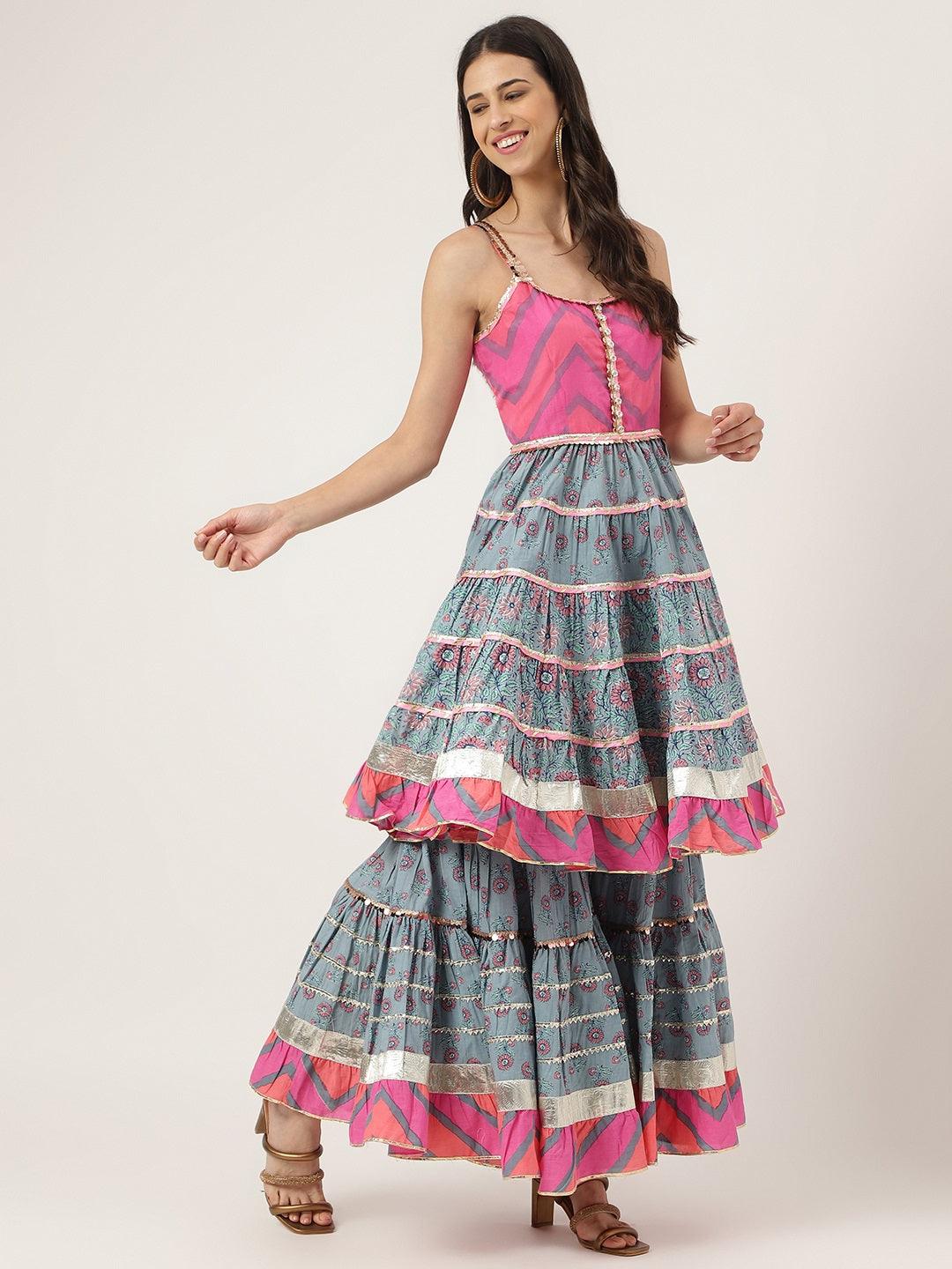 Eshani Turquoise Blue Cotton Sleeves less Anarkali Sharara set with Dupatta - Eshani world