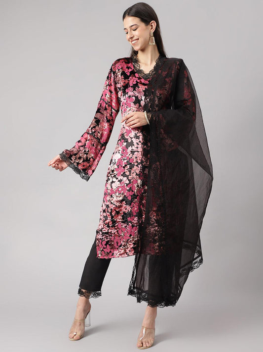 Eshani Pink Burn out Velvat Kurta Haram Pant with Organza Dupatta - Eshani world