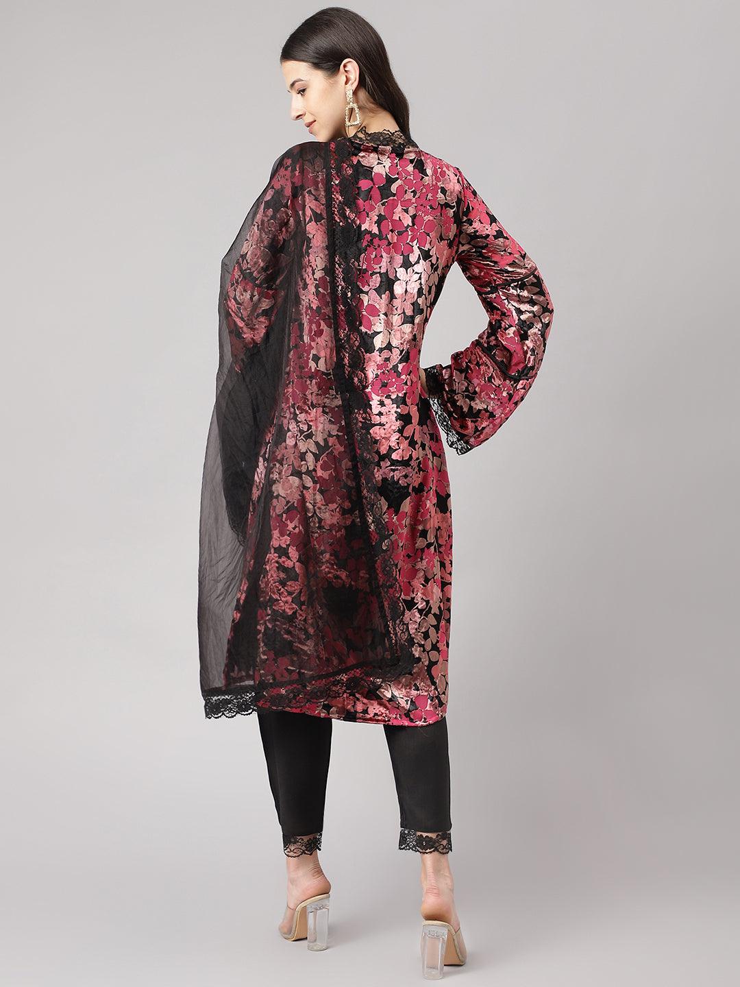 Eshani Pink Burn out Velvat Kurta Haram Pant with Organza Dupatta - Eshani world