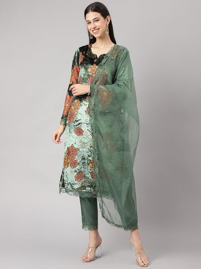 Eshani Green Burn out Velvat Kurta Haram Pant with Organza Dupatta - Eshani world