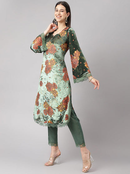 Eshani Green Burn out Velvat Kurta Haram Pant with Organza Dupatta - Eshani world