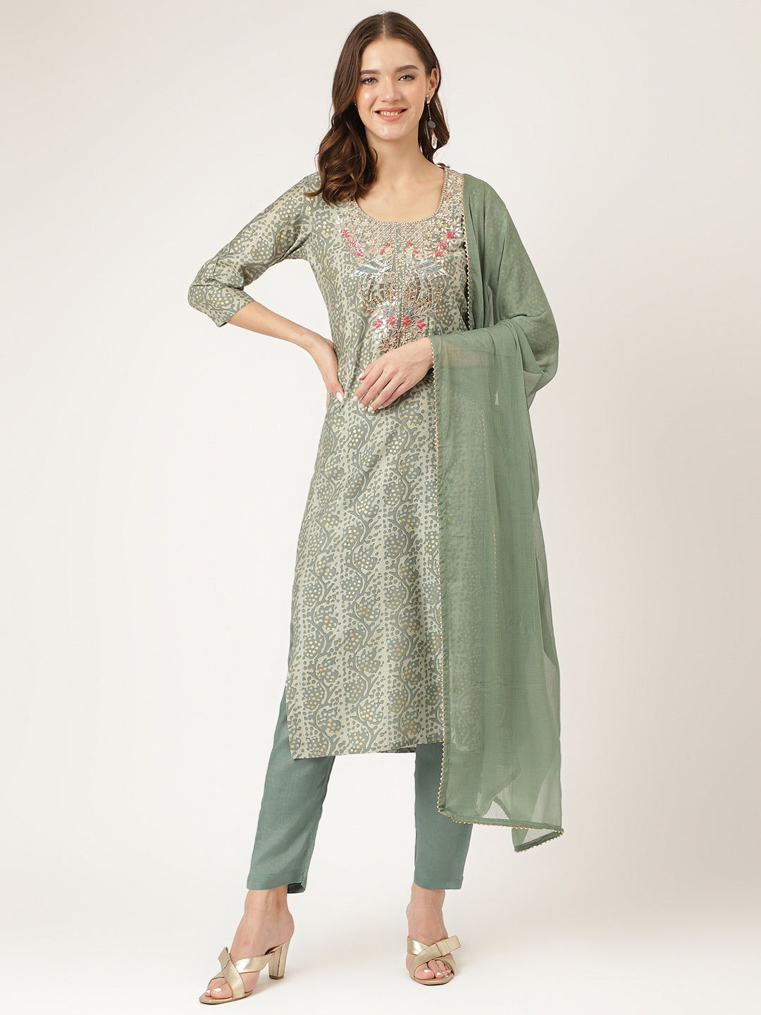 Eshani Green Floral Print Chanderi Kurta, Trouser With Dupatta