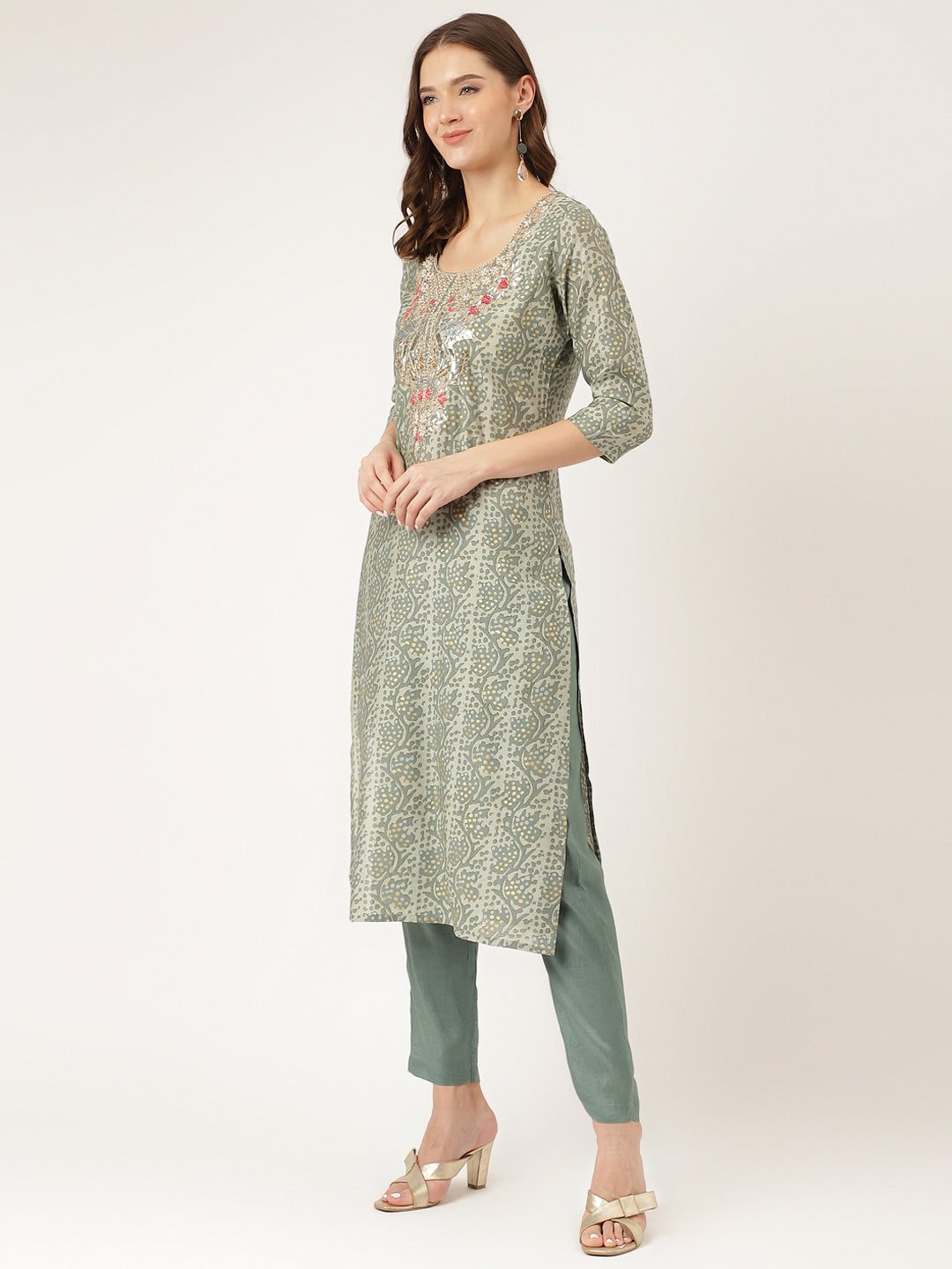 Eshani Green Floral Print Chanderi Kurta, Trouser With Dupatta