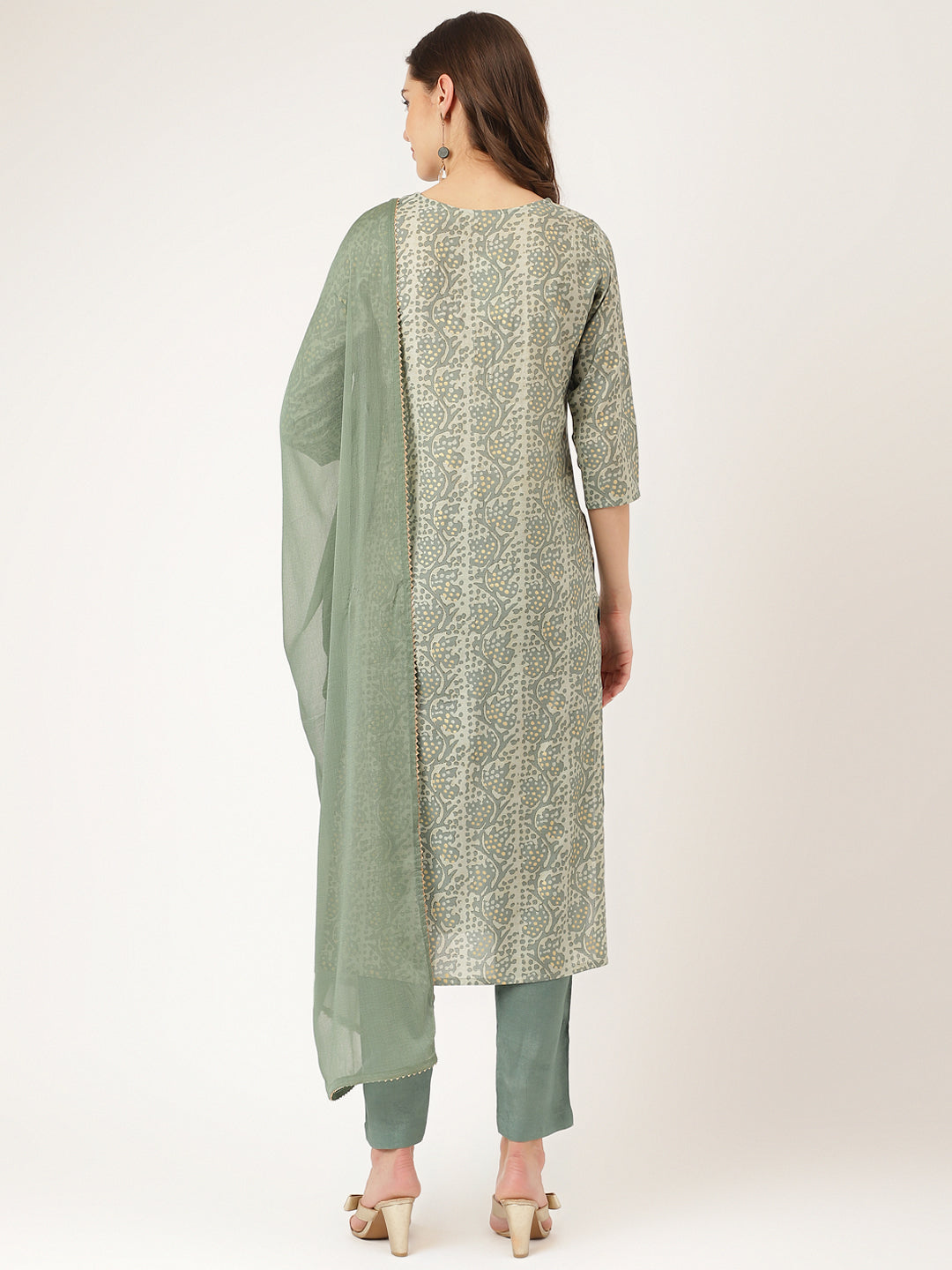 Eshani Green Floral Print Chanderi Kurta, Trouser With Dupatta