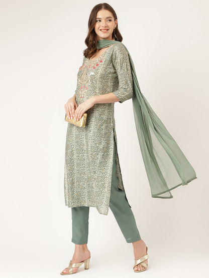 Eshani Green Floral Print Chanderi Kurta, Trouser With Dupatta