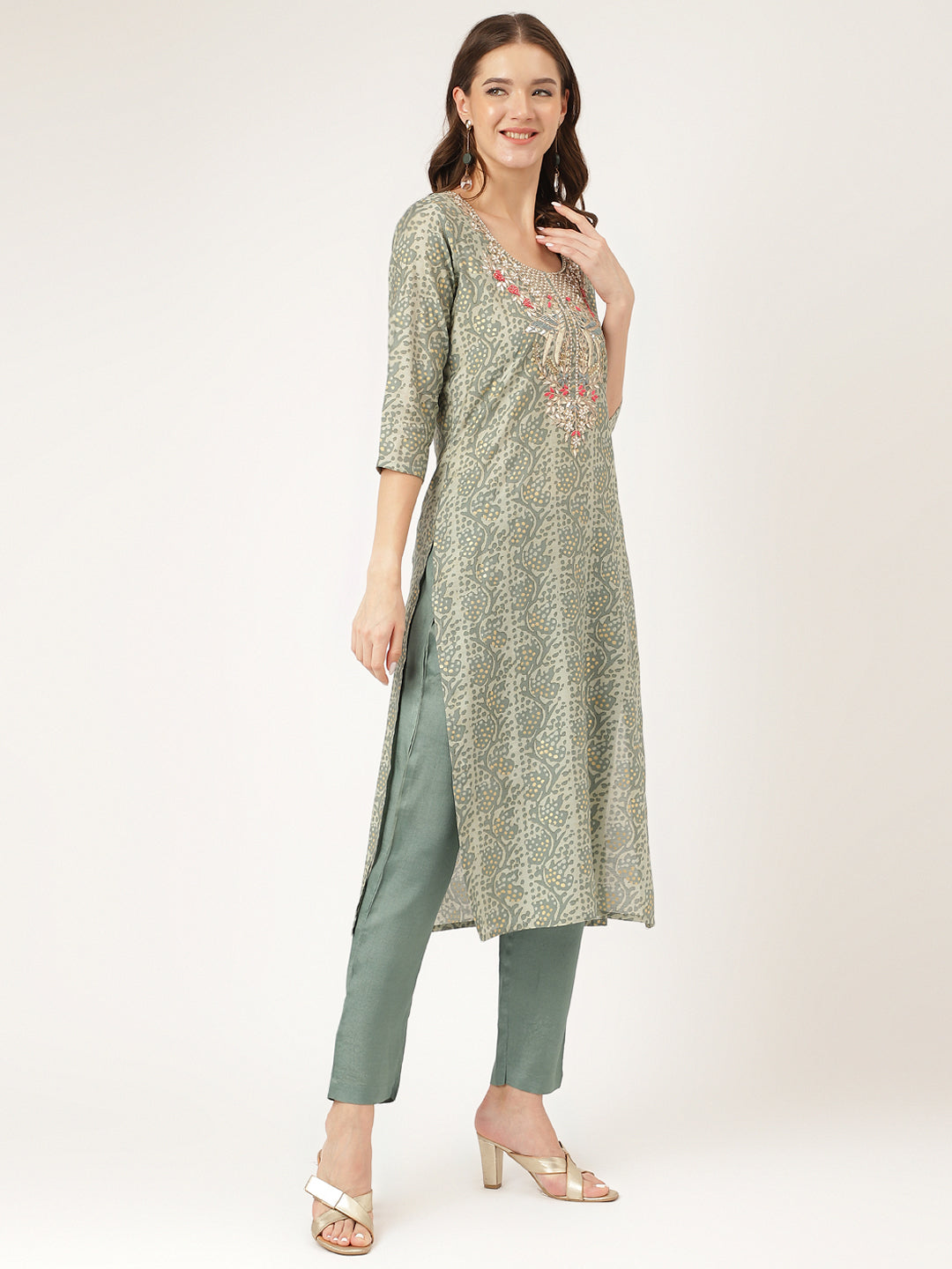 Eshani Green Floral Print Chanderi Kurta, Trouser With Dupatta