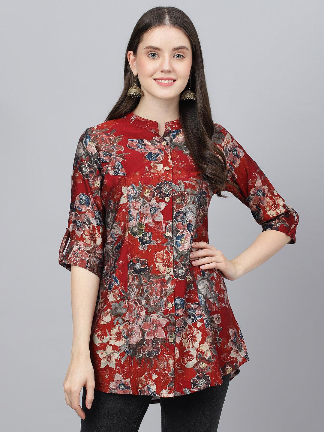 Eshani Maroon Floral Printed Modal A-Line Shirts Style Top - Eshani world