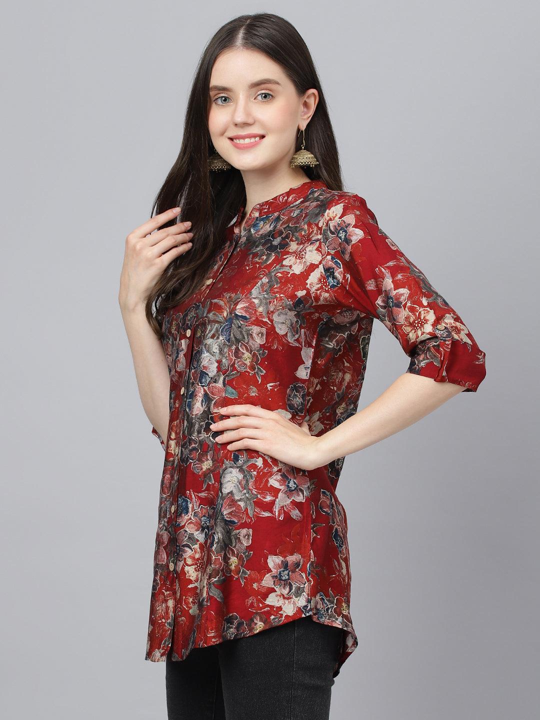 Eshani Maroon Floral Printed Modal A-Line Shirts Style Top - Eshani world