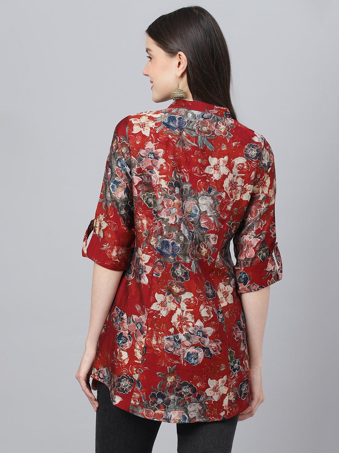 Eshani Maroon Floral Printed Modal A-Line Shirts Style Top - Eshani world