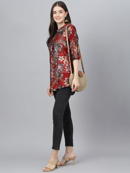 Eshani Maroon Floral Printed Modal A-Line Shirts Style Top - Eshani world