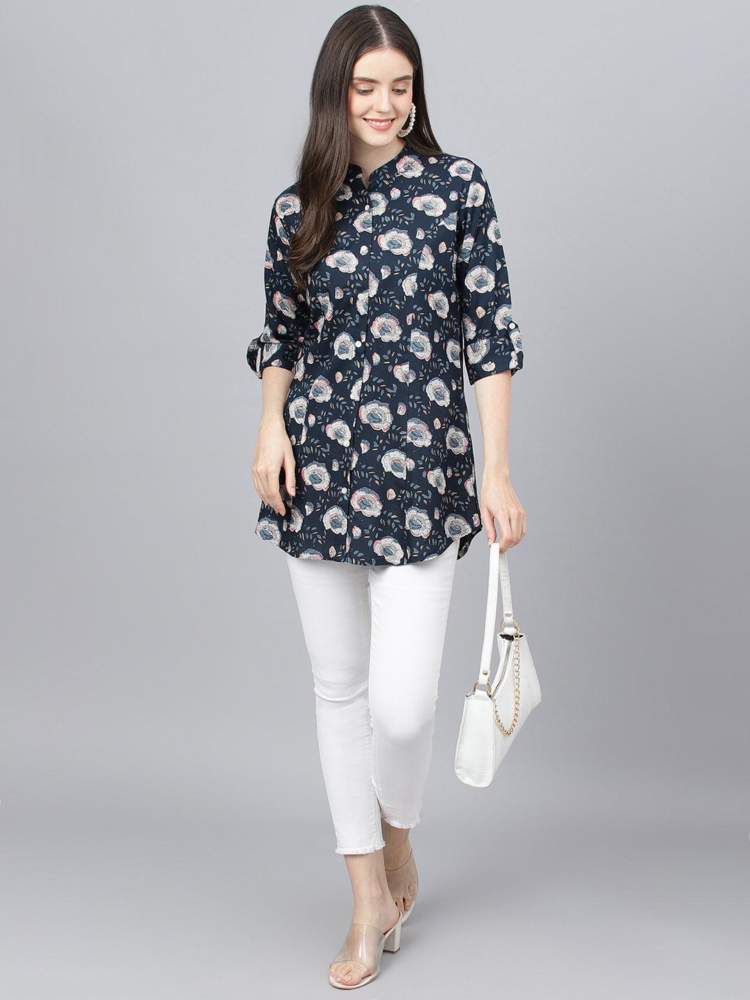 Eshani Blue Floral printed Rayon A-line Shirts Style Top - Eshani world