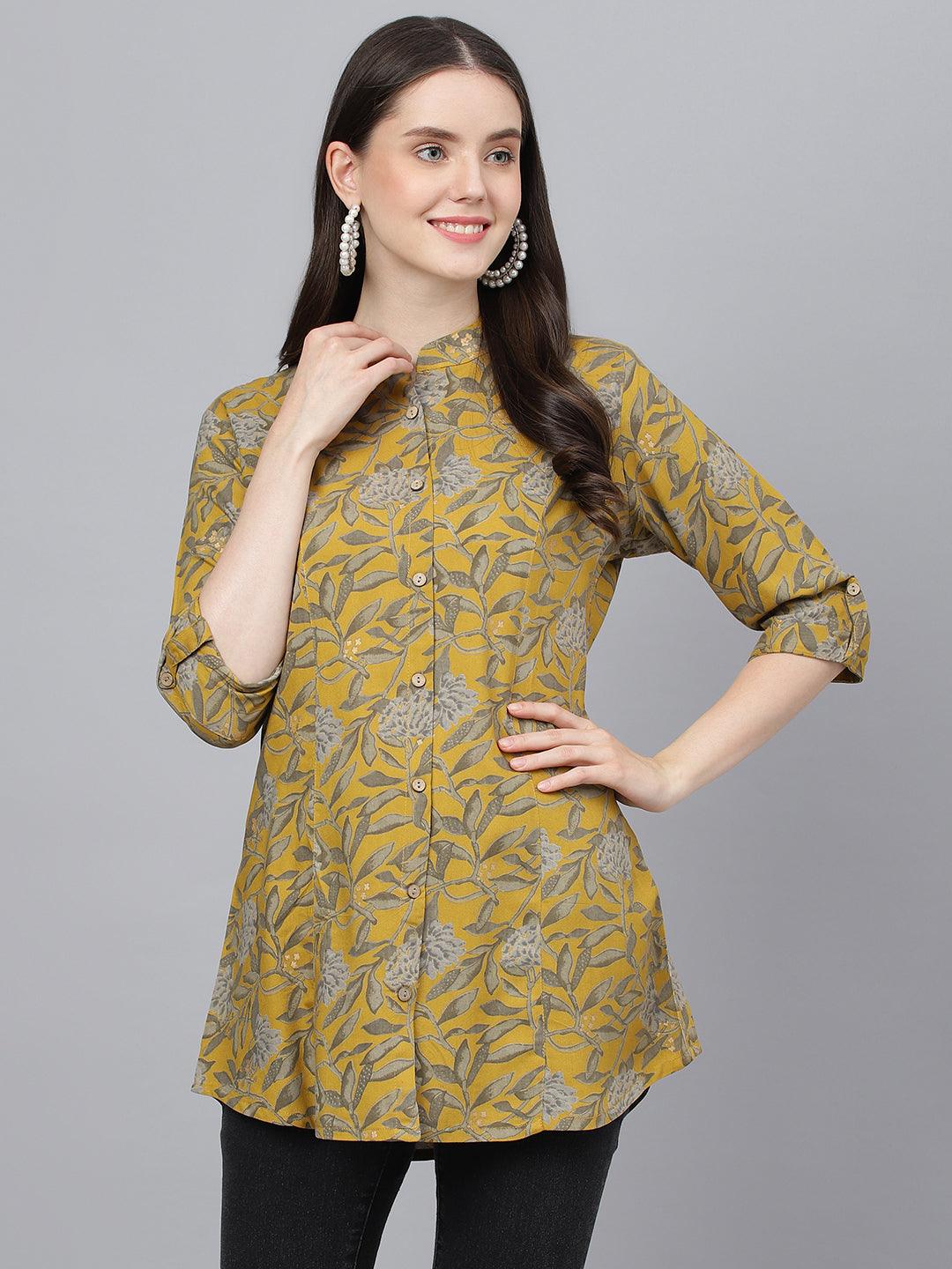 Eshani Mustard Floral printed Rayon A-line Shirts Style Top - Eshani world