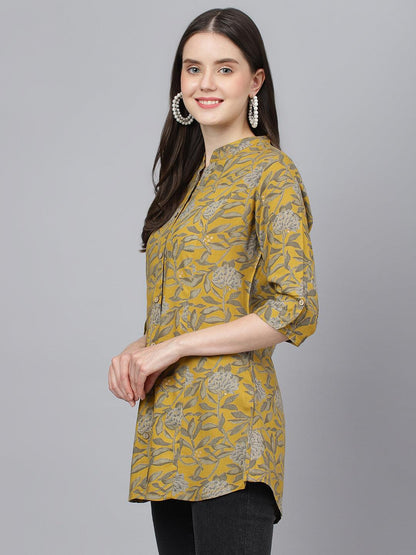 Eshani Mustard Floral printed Rayon A-line Shirts Style Top - Eshani world