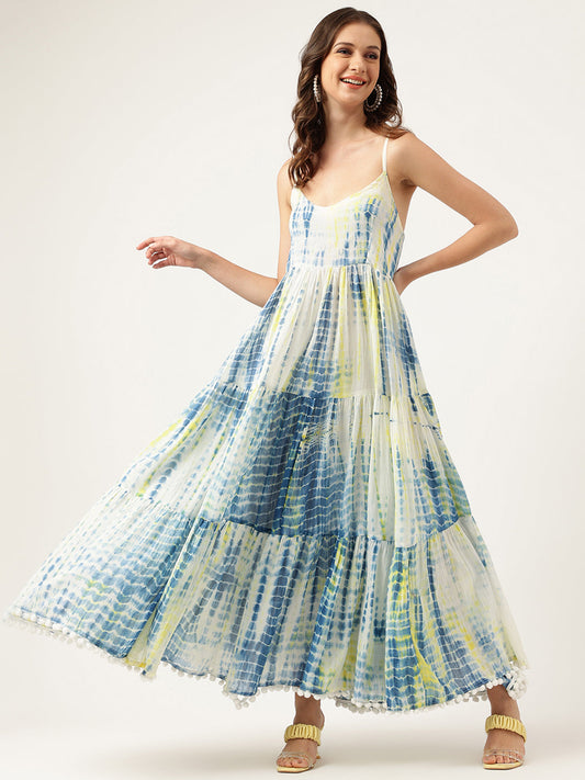 Eshani Blue Tie and Dye Dyed with Pom-Pom Detail Maxi Dress