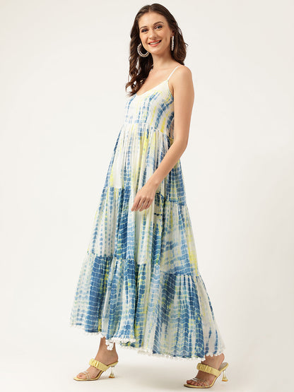 Eshani Blue Tie and Dye Dyed with Pom-Pom Detail Maxi Dress