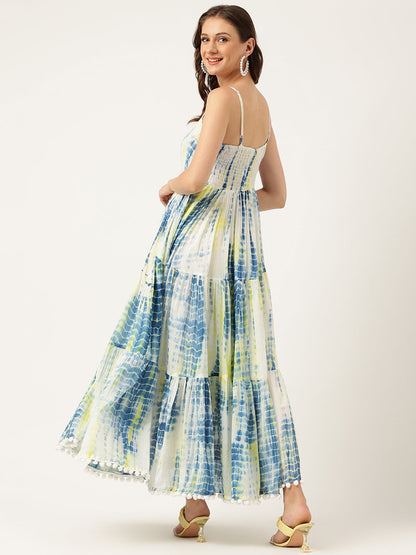 Eshani Blue Tie and Dye Dyed with Pom-Pom Detail Maxi Dress